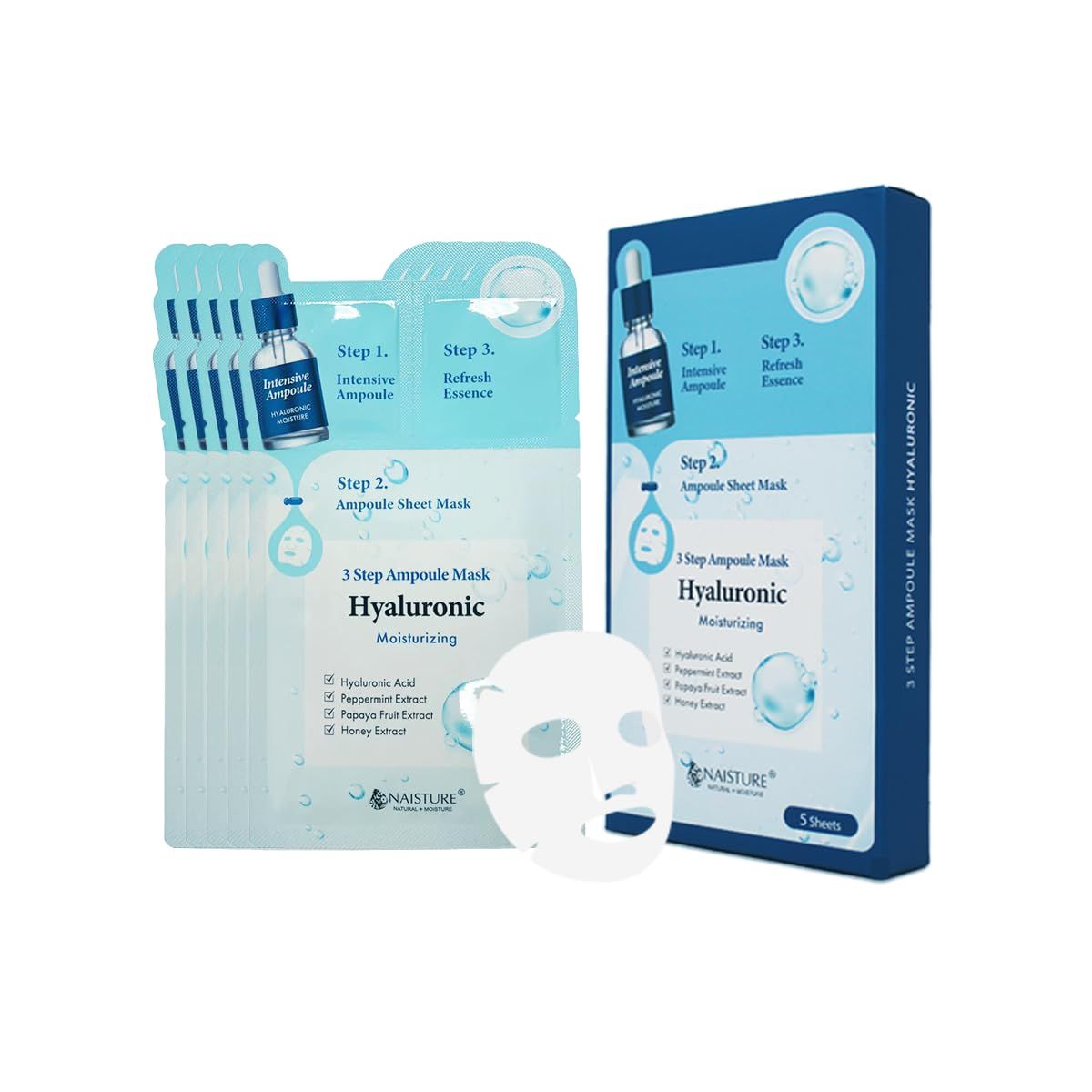 Naisture 3 Step Ampoule Hydrating Sheet Mask Set for Skin Elasticity, Smoothing, and Moisture. Korean Skincare Kit with Ampoule, Mask, and Essence (5 pcs) (Hyaluronic Acid)