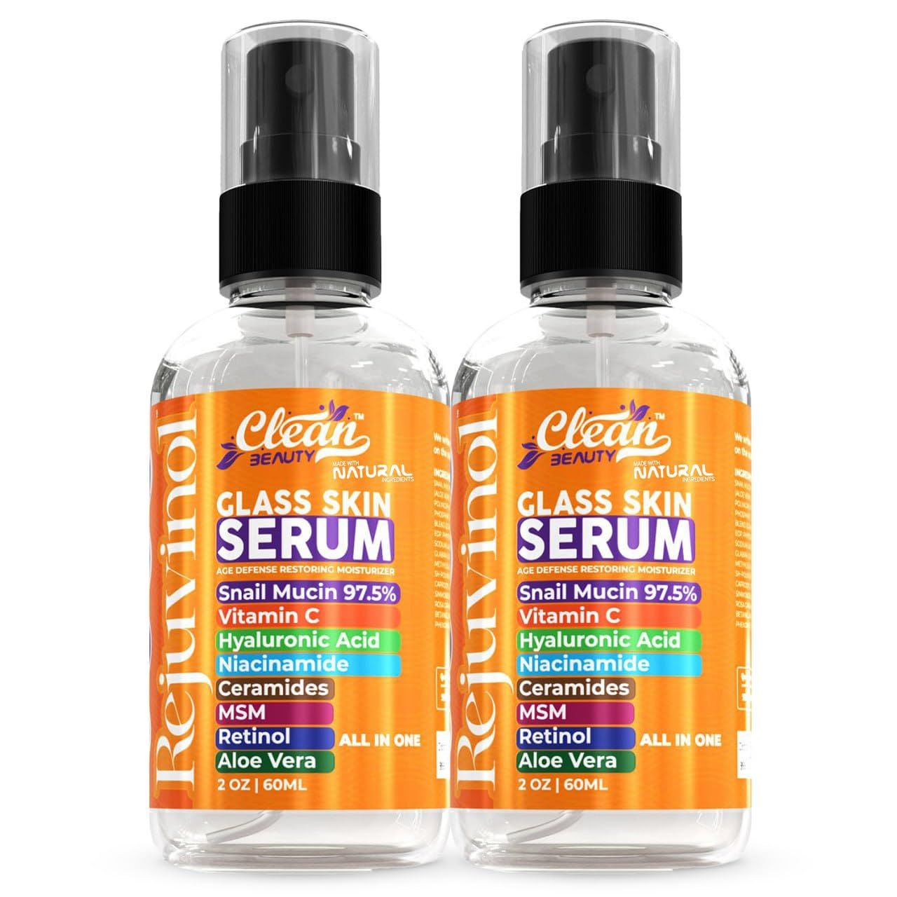 Clean Beauty Snail Mucin Serum Vitamin C Face Serum Anti Aging with Hyaluronic Acid Niacinamide Retinol MSM Aloe Vera &amp; Ceramides - Korean Skin Care Dark Spot Remover for Glowing Skin - Pack of 2