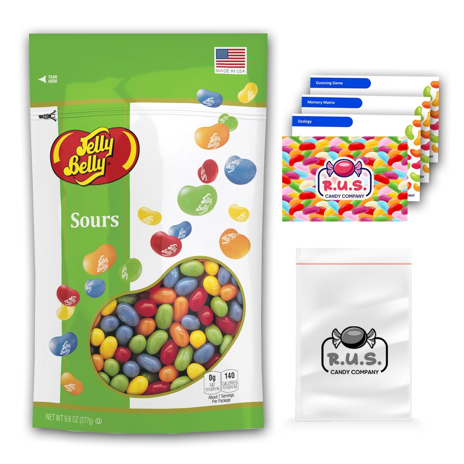 Jelly Belly Sours Mix Jelly Bean - 9.8oz Bag with R.U.S. Candy Pocket Size Travel Bag 3 R.U.S. Candy Cards (Sours)