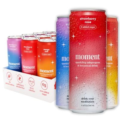Moment Botanical Soda Soft Drink (Shark Tank) - SPARKLING Drinks Fruity Fun L-Theanine &amp; Ashwagandha for Calm &amp; Clarity 0 Added Sugar 0 Caffeine 12-pack