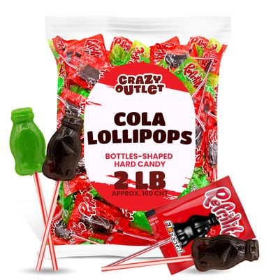 Cola Bottles Lollipops - 2 Pound Bulk Pack (60 Count) - Cola Flavored Candy in Green and Red Wrapping