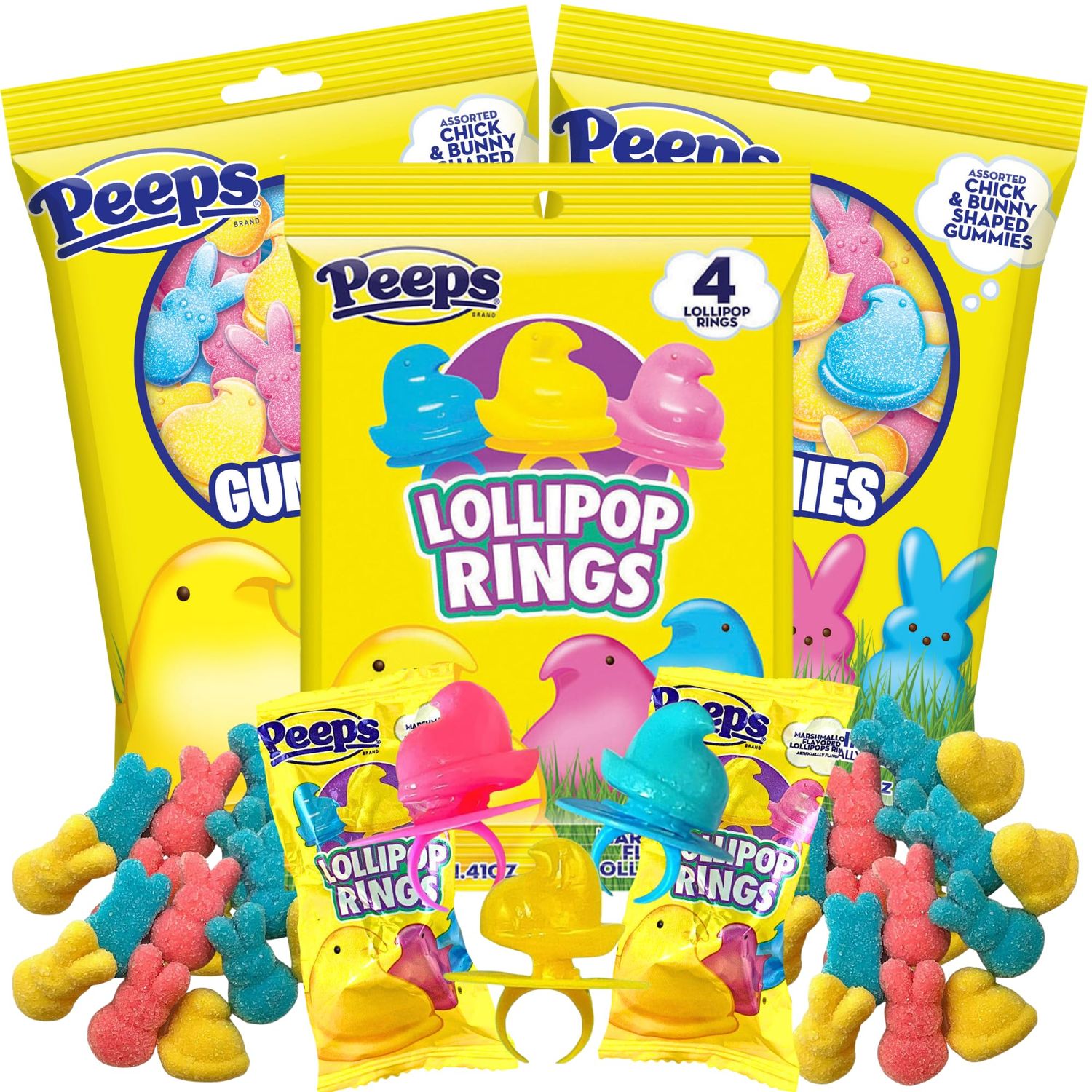 2025 Easter Peeps Lollipop Rings and Gummies, Multicolored Chick and Bunny Shaped Candy, Individually Wrapped for Eggs and Basket Stuffers, (Pack of 3)