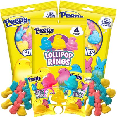 2025 Easter Peeps Lollipop Rings and Gummies, Multicolored Chick and Bunny Shaped Candy, Individually Wrapped for Eggs and Basket Stuffers, (Pack of 3)