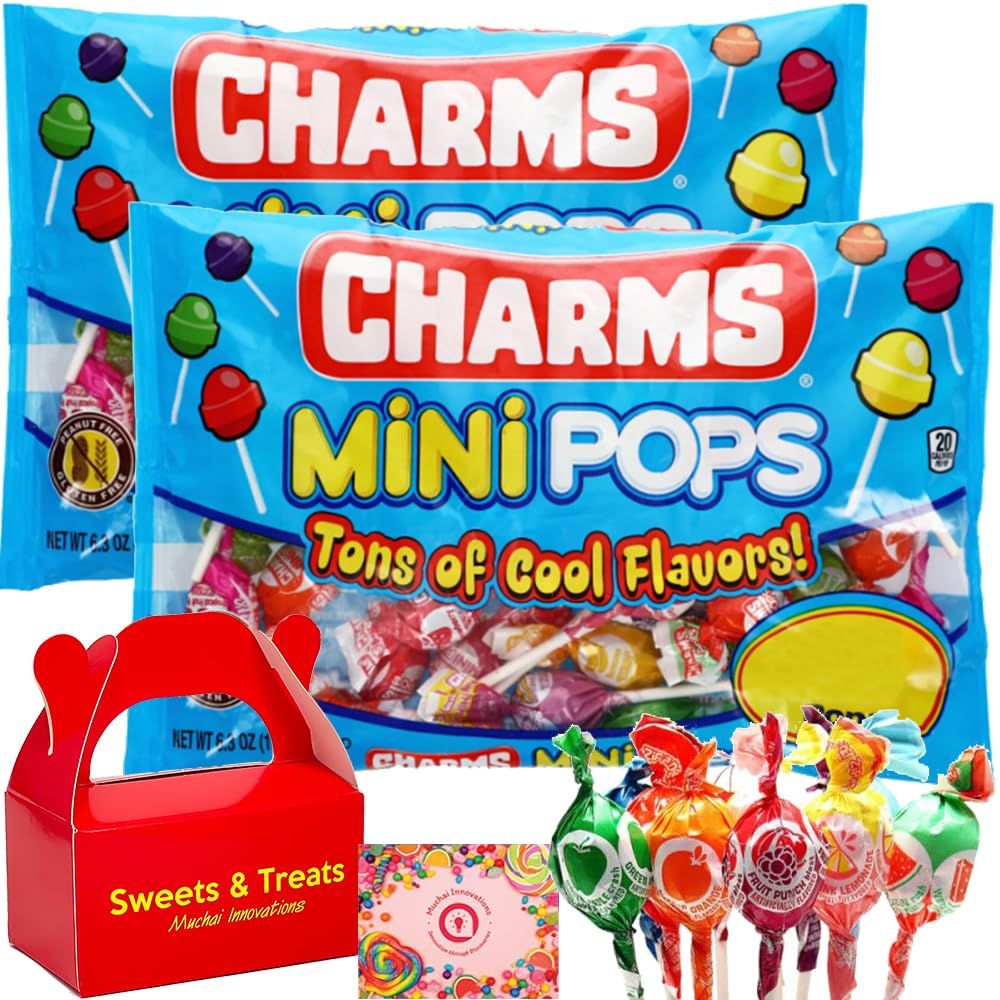 Mini Pops Candy Charms Mini Lollipop Suckers Mix Flavor Treats Kiwi Mango Pineapples Strawberry Coconut Citrus Splash Punch Party Favors Classroom Gift (Assorted Flavors 2 Bags)
