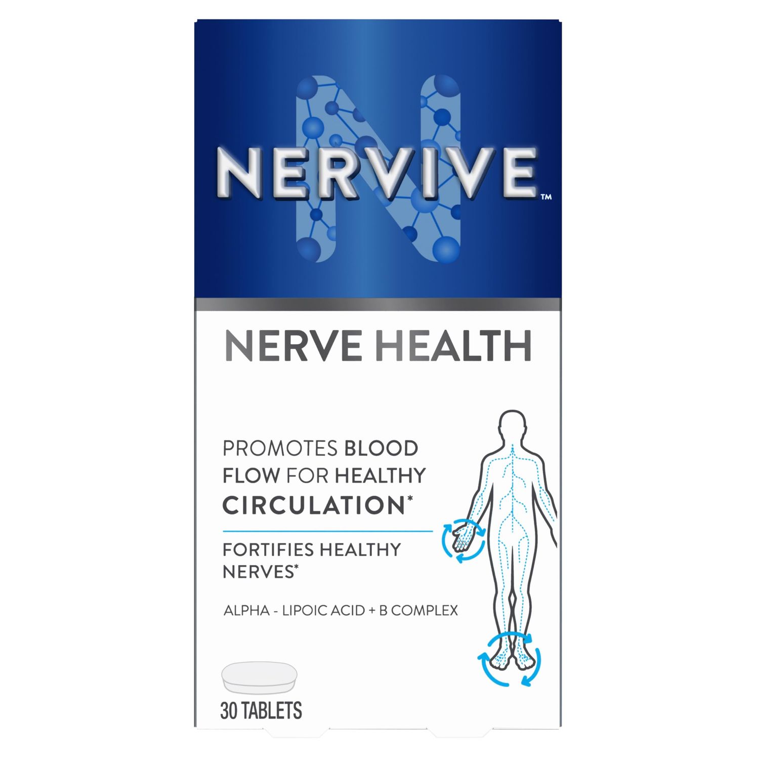 Nervive Nerve Health, with Alpha Lipoic Acid, to Fortify Nerve Health and Function in Fingers, Hands, Toes, &amp; Feet, ALA, Vitamins B12, B6, &amp; B1, 30 Tablets (Packaging May Vary)