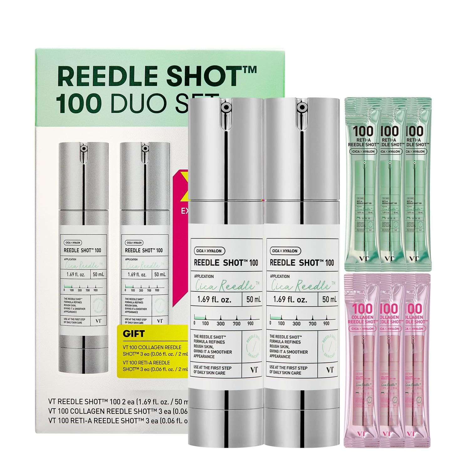 VT COSMETICS Reedle Shot 100 Duo Set with Collagen &amp; Retinol Reedle Shot Pouch (Gift) - Exosome Microneedling Serum, Exfoliating, Soft &amp; Glass Skin, Korean Skincare (1.69 fl. oz x2 / 0.06 fl. oz x6)