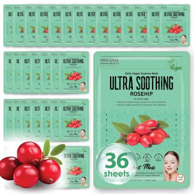 Innerest Original Derma Beauty Collagen Face Masks 36 PK Vegan Ultra Soothing Rosehip Face Mask Skin Care Sheet Masks Set for Beauty &amp; Personal Care Korean Face Mask