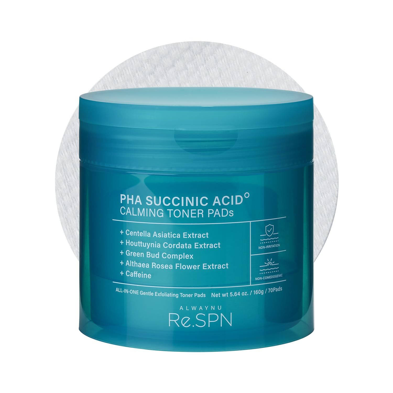 Re.SPN PHA Succinic Acid Calming Toner Pads, Centella, Non comedogenic, Caffeine, Gluconolactone, Houttuynia Cordata Mild Exfoliatiing, Gentle, Sensitive Skin, Glass Skin, acne, Korean Skin Care