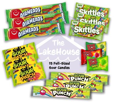Super Sour Candy Variety Pack - 15 Assorted Full Size Candies - A Mix of Sour Patch Kids, Sour Skittles, Sour Punch Straw, Airheads Xtreme, and Ring Pop Sours - Awesome Candy Box by The LakeHouse