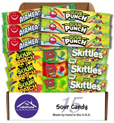 Super Sour Candy Variety Pack - 15 Assorted Full Size Candies - A Mix of Sour Patch Kids, Sour Skittles, Sour Punch Straw, Airheads Xtreme, and Ring Pop Sours - Awesome Candy Box by The LakeHouse