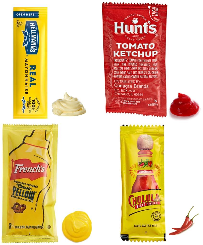 Generic Condiment Packets Variety Pack - 25 of Each: Ketchup, Mustard, Mayo, and Cholula hot sauce - (100pc) Great for picnic, party, BBQ, lunch box. Packed by flavor