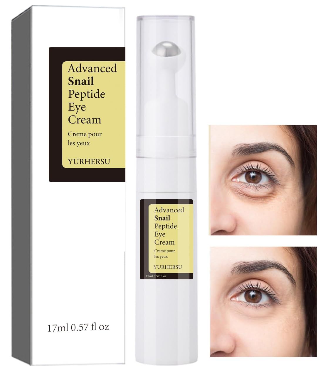 ELCHHIRSCH Snail Peptide Under Eye Cream with 73% Snail Mucin &amp; 2% Nicotinamide for Dark Circles, Puffiness &amp; Wrinkles, with 360 Massaging Roller Ball, 0.57 fl oz