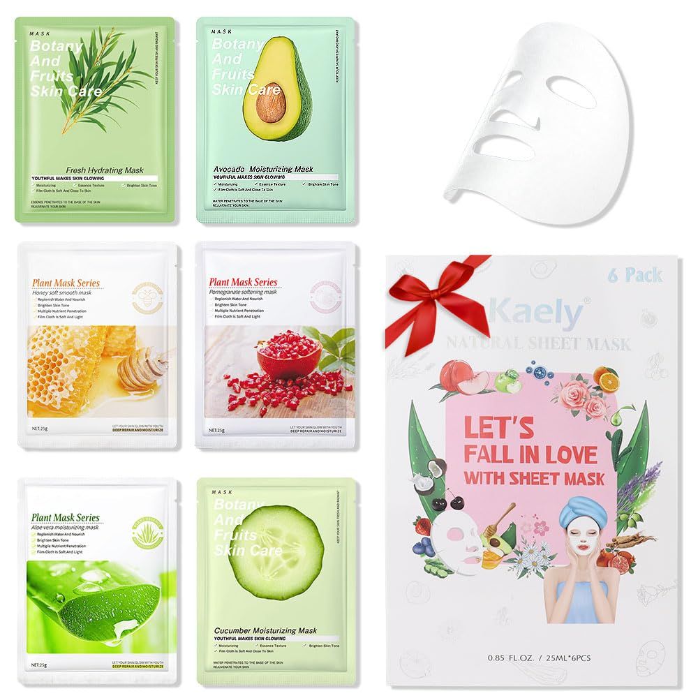 6 PCS Real Hydrating Avocado Honey Pomegranate Aloe Vera Nature Face Masks Skincare, Hyaluronic Acid, Vitamin C and E, Korean Beauty Essence Facial Paper Sheet Mask for Skin Care Moisturizing