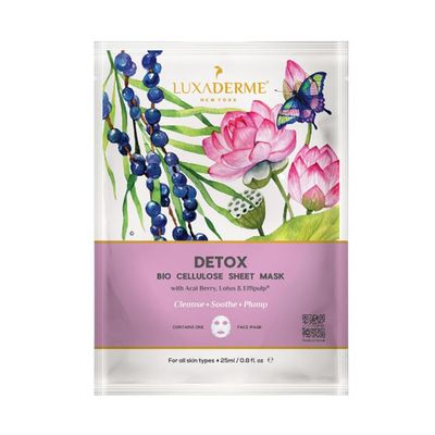 LuxaDerme Detox Bio Cellulose Face Mask, Moisturizing and Brightening Skincare Face Mask, Korean Sheet Masks for Glass Skin with Acai Berry, CoQ10, Fermented Coconut Jelly, All Skin Types, Pack of 1