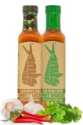 Hank Sauce Hot Sauce Variety Pack - Versatile Hot Pepper Sauce with Fresh Cilantro, Garlic &amp; Peppers - Hot Garlic Sauce with Mild Heat &amp; Unique Flavors - Camouflage &amp; Cilanktro - 2 x 8 Ounces
