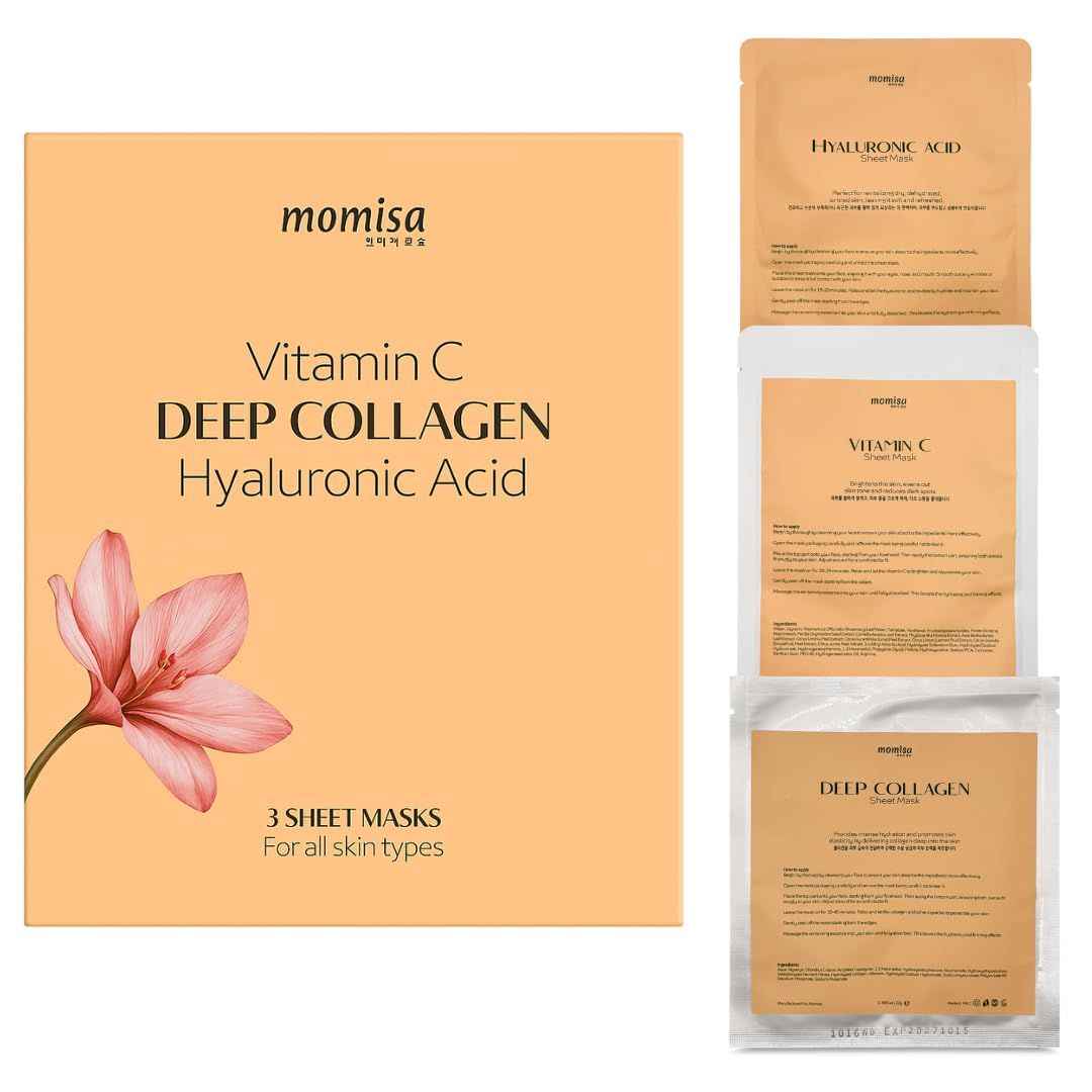 Momisa Glow Box: 3 facial Mask for Korean Skincare Deep Collagen, Vitamin C, Hyaluronic Acid 3 Facial Sheet &amp; Hydrogel Masks for deep hydration, glow, and firmness.