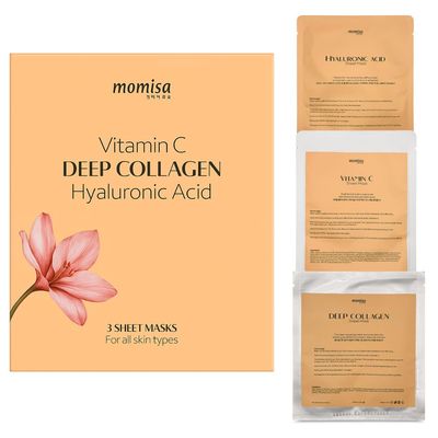 Momisa Glow Box: 3 facial Mask for Korean Skincare Deep Collagen, Vitamin C, Hyaluronic Acid 3 Facial Sheet &amp; Hydrogel Masks for deep hydration, glow, and firmness.