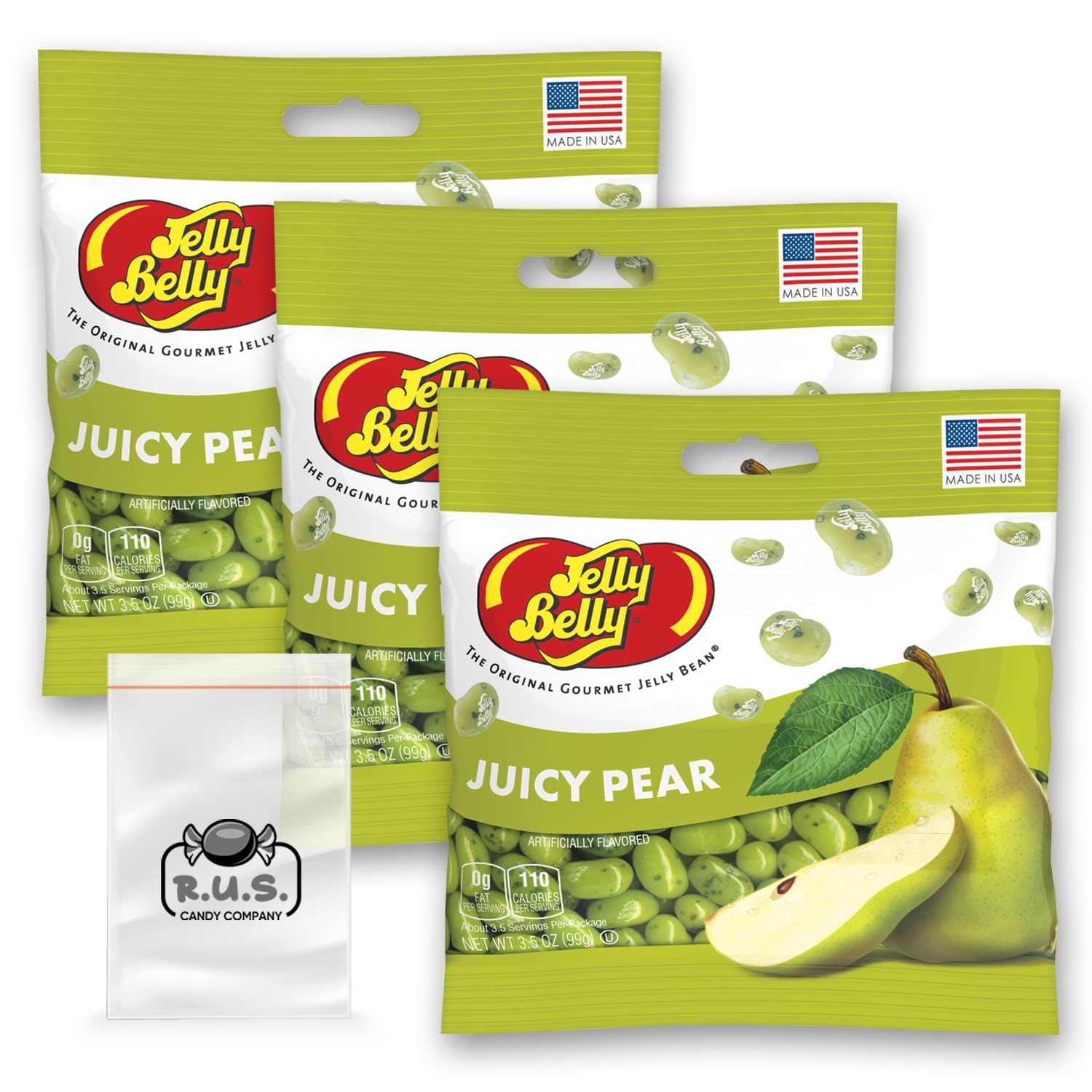 Juicy Pear flavored Jelly Beans- 3 Pack of 3.5 oz bags- includes Travel Size Bag from R.U.S Candy Company