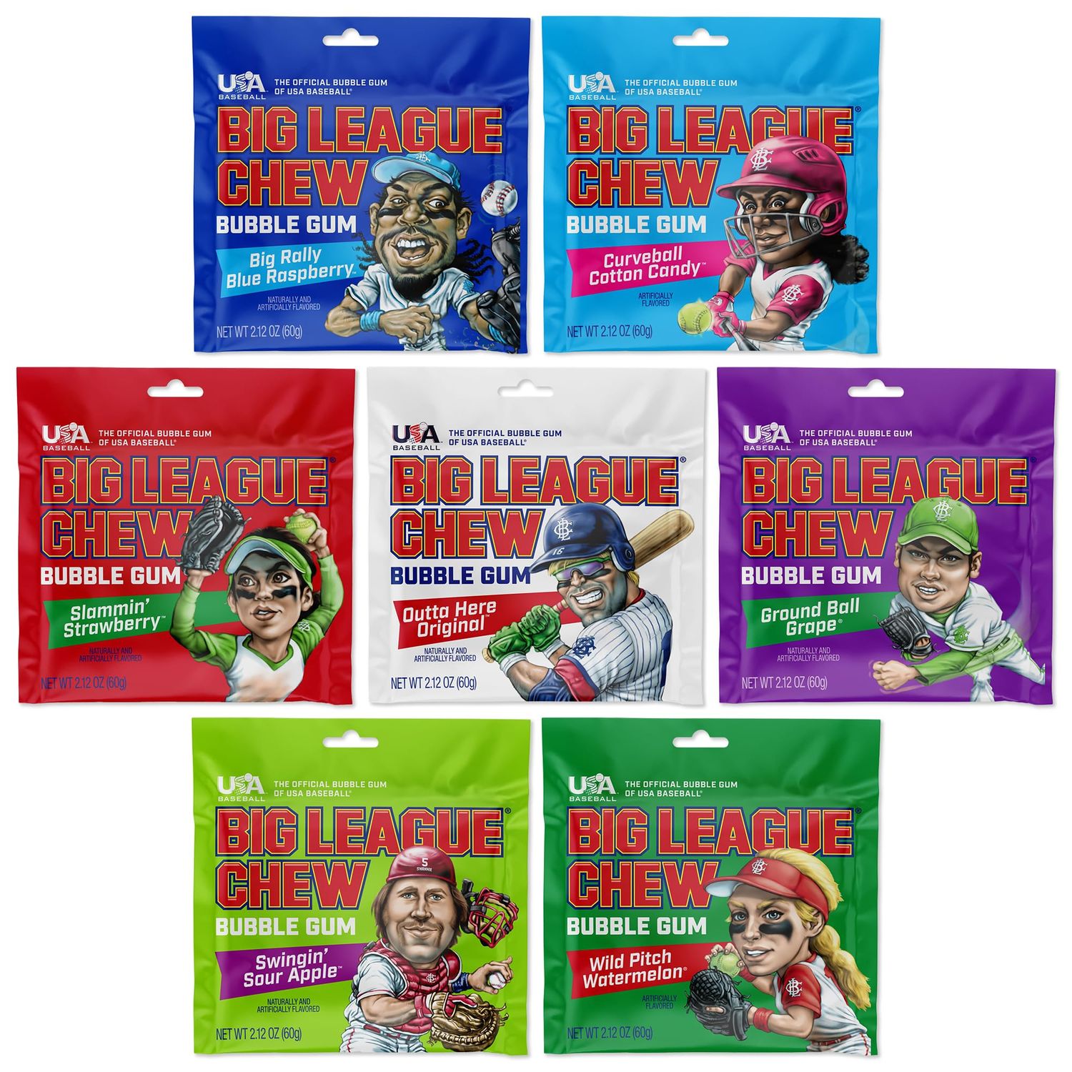 Big League Chew Bulk Baseball Gum Variety Pack - 7 Baseball Candy Flavors in 2.12oz Packets - Big League Chew Blue Raspberry, Grape Bubble Gum, Original Softball Gum &amp; More - Softball Candy