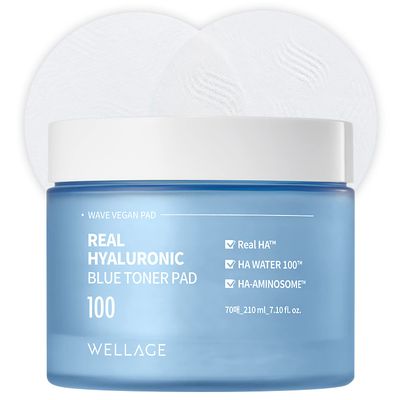 WELLAGE Real Hyaluronic Blue Toner Pad - Korean Toner Pads for Calming &amp; Moisturizing with Hyaluronic Acid - Exfoliating Pads for Skin Smooth, K-Beauty Skincare, 70 Sheets