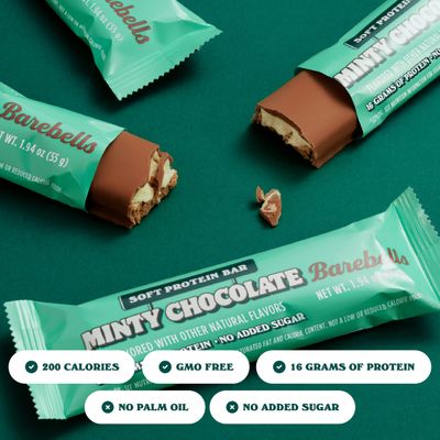 Barebells Soft Protein Bars, Minty Chocolate - 12 Count, 16g High Protein Treats - Chocolate Nutrition Bar with 1g Total Sugars - On The Go Breakfast or Post-Workout Snack