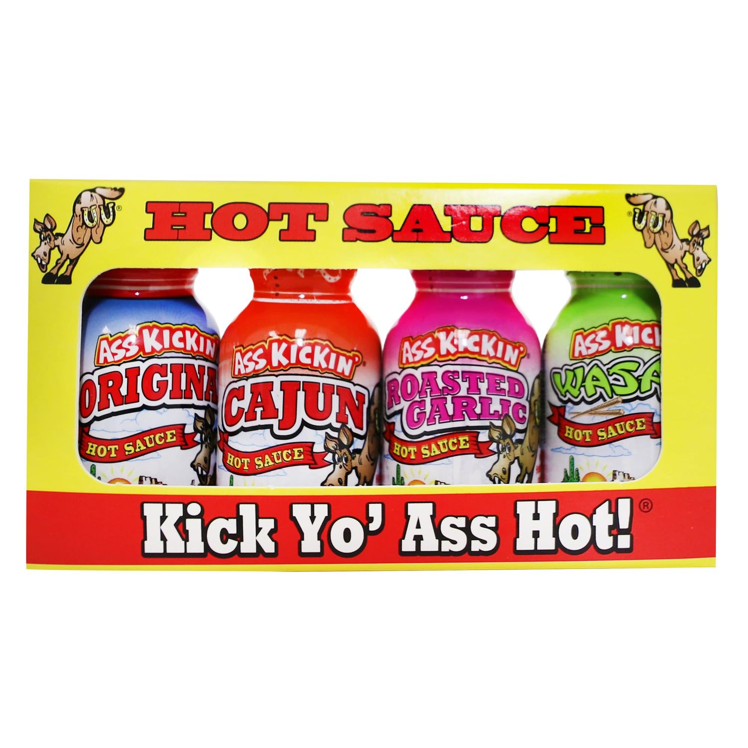 ASS KICKIN&#39; Premium Hot Sauce Bottles Gourmet Gift Set Travel Size - .75 oz. 4 Pack - Try if you dare! - Perfect Gourmet Christmas Gifts for the Hot Sauce Fan