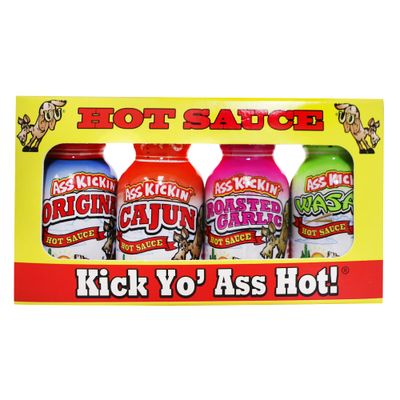 ASS KICKIN&#39; Premium Hot Sauce Bottles Gourmet Gift Set Travel Size - .75 oz. 4 Pack - Try if you dare! - Perfect Gourmet Christmas Gifts for the Hot Sauce Fan