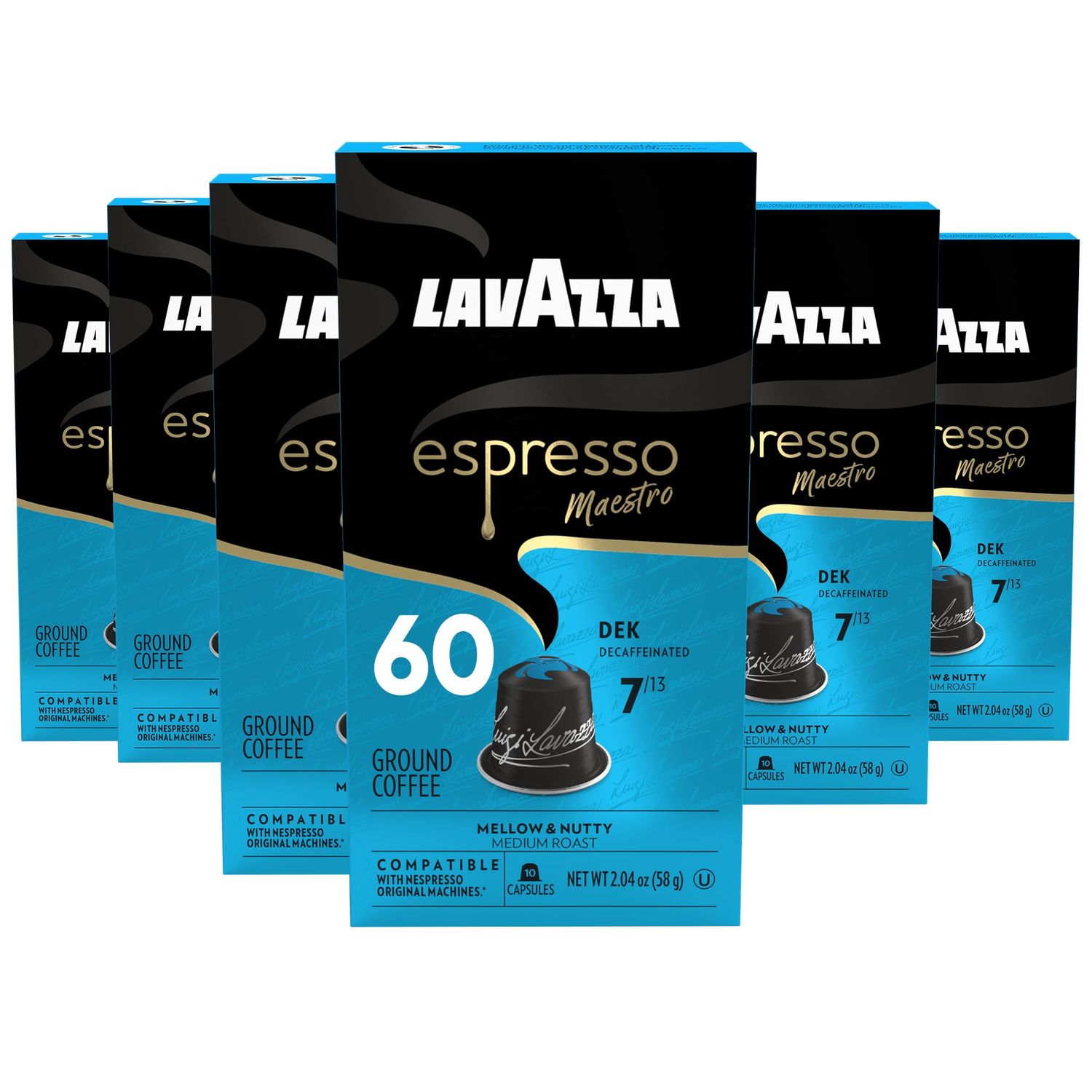 Lavazza Espresso Maestro Decaf (DEK) Aluminum Capsules Compatible with Nespresso Original Machines, Medium Espresso Roast, Arabica and Robusta Blend (60 Capsules)
