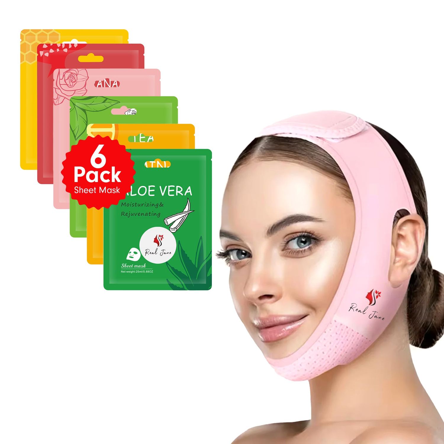 REAL JANE V Line Face Lifting Belt or Mask for Jawline Slimming &amp; Double Chin Reduction combo with 6 Flavors Korea Dewy Glow Moisture Mask