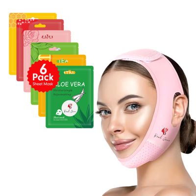 REAL JANE V Line Face Lifting Belt or Mask for Jawline Slimming &amp; Double Chin Reduction combo with 6 Flavors Korea Dewy Glow Moisture Mask