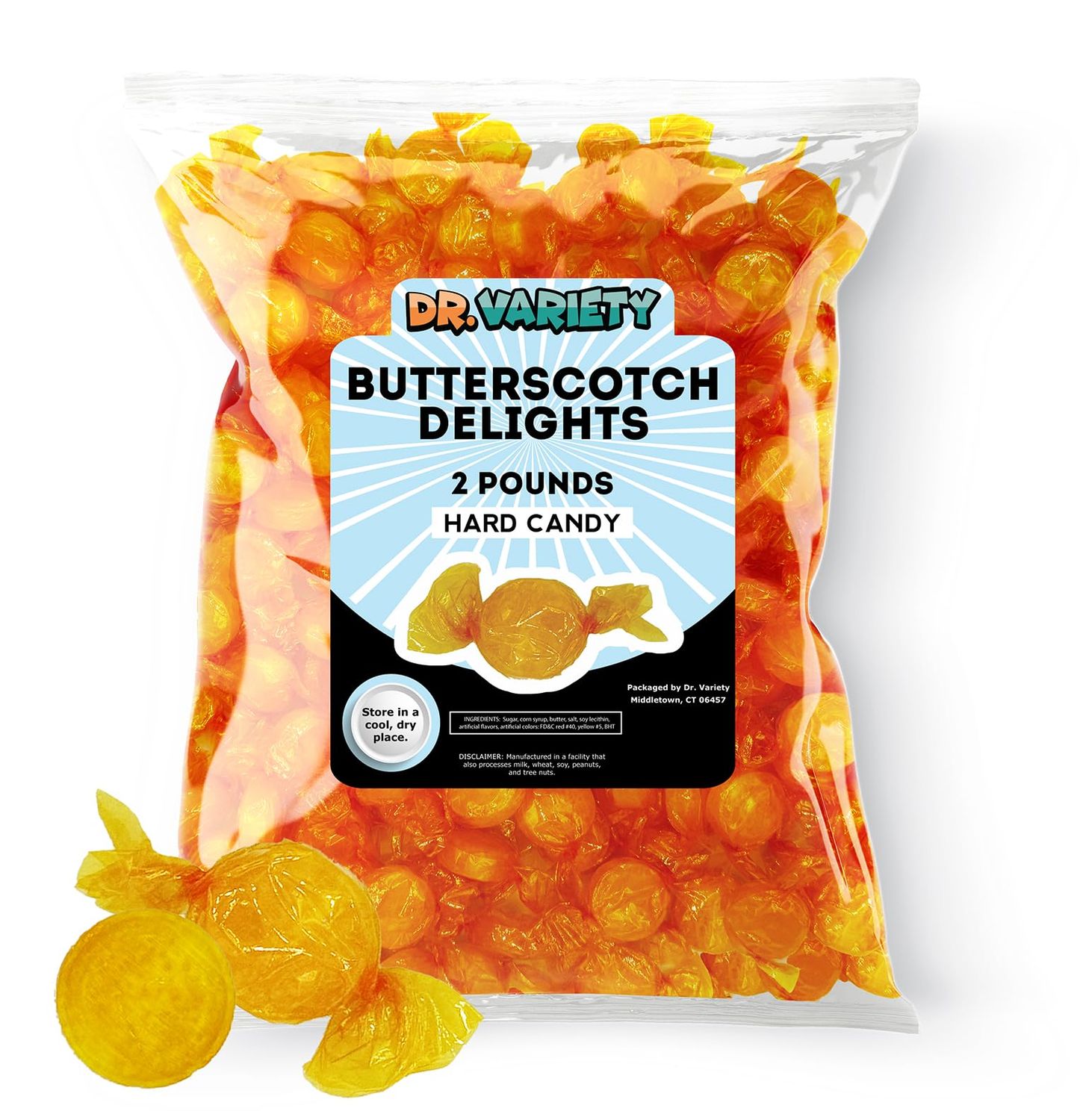 Butterscotch Hard Candy Bulk (2lb) - Vintage Candy, Butterscotch Candies Individually Wrapped, Butter Scotch Discs Buttons, Grandma Candy - By Dr. Variety