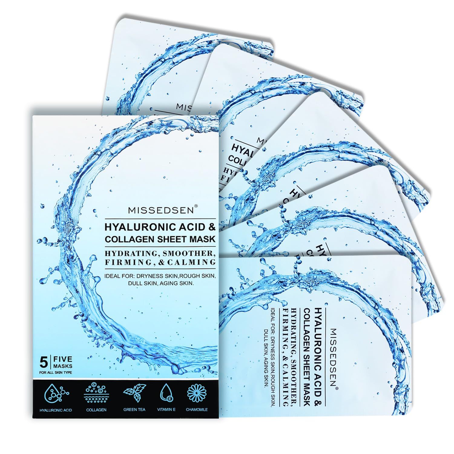 MISSEDSEN Collagen Face Mask Skincare For Women Hyaluronic Acid Moisturizing Firming Calming Hydrating Pore Treatment of Different Ages and Skin Types Urban Beauty Secret 5 PCS