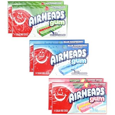 Airheads Sugar Free Gum Variety Pack, 6 Packs Total, 2 Of Each Flavor - Watermelon, Blue Raspberry &amp; Raspberry Lemonade