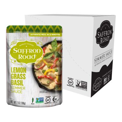 Saffron Road Lemongrass Basil Simmer Sauce Globally Inspired Simmer Sauce Gluten-free, Vegan, Non-GMO, and Certified Halal and Kosher 7.0oz Pouch Pack of 8