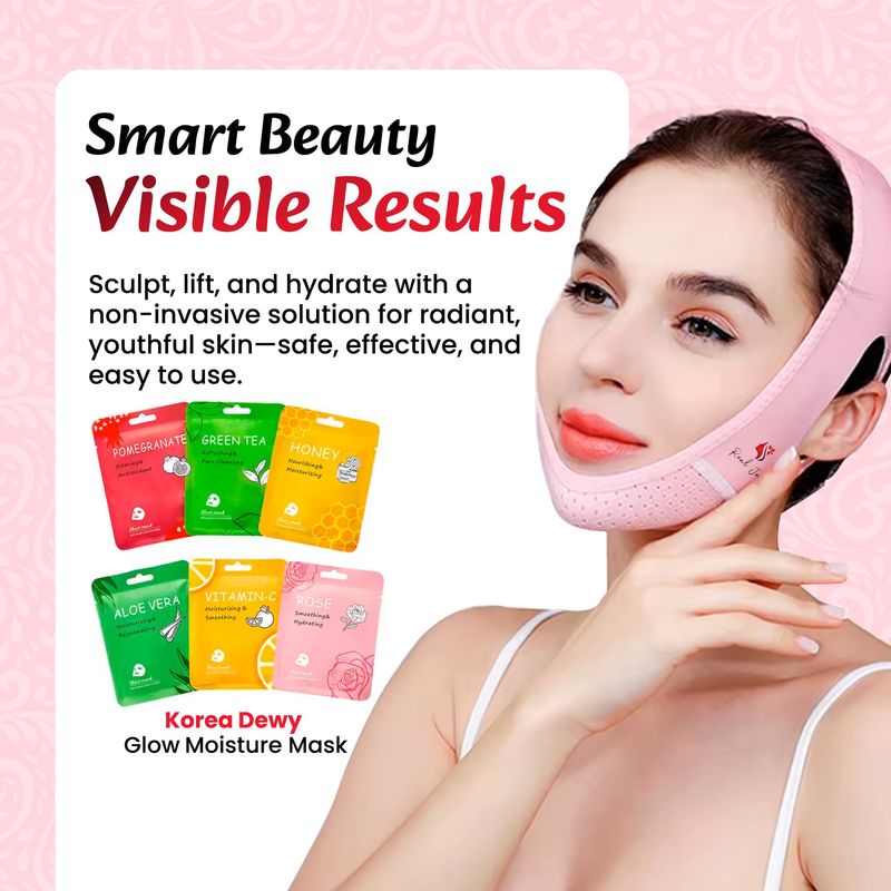 REAL JANE V Line Face Lifting Belt or Mask for Jawline Slimming &amp; Double Chin Reduction combo with 6 Flavors Korea Dewy Glow Moisture Mask