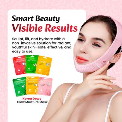 REAL JANE V Line Face Lifting Belt or Mask for Jawline Slimming &amp; Double Chin Reduction combo with 6 Flavors Korea Dewy Glow Moisture Mask