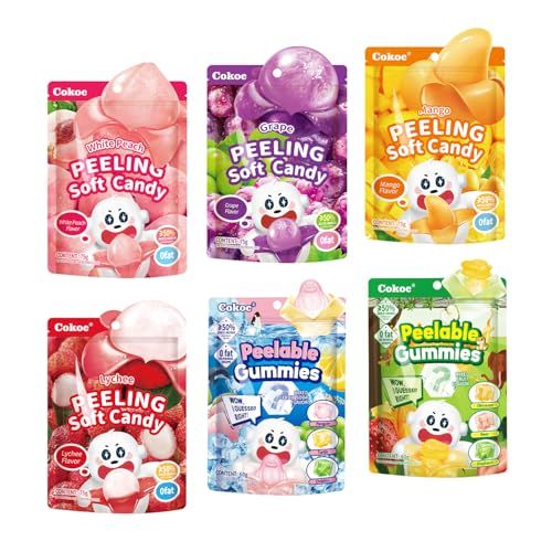 COKOC Peelable Gummy Variety Pack - 6 Individual Packs Featuring Peeling Mango, Grape, White Peach, Lychee,Strawberry,Apple&amp; Lemon Burst Flavors