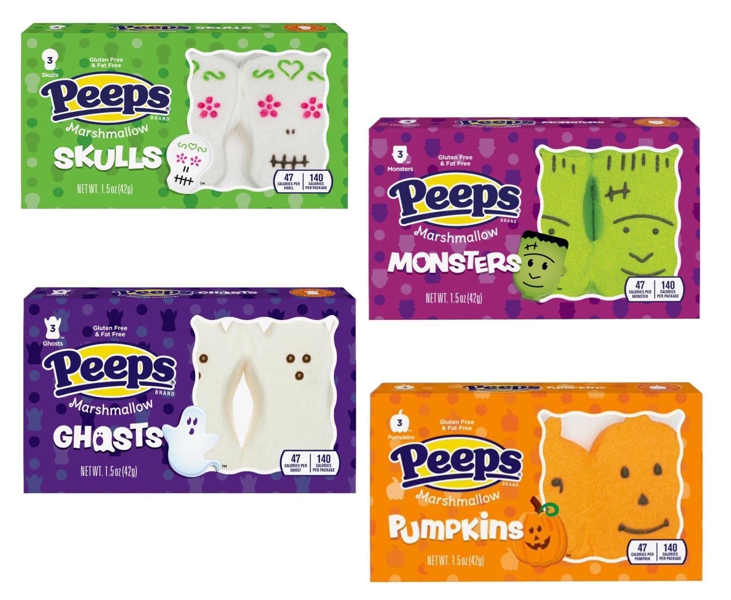 Smiling Sweets Halloween Peep Variety Pack of Marshmallows, Delicious Classic Treats with One Packet Each, Skulls, Pumpkins, Monsters and Ghosts (Pack of 4)