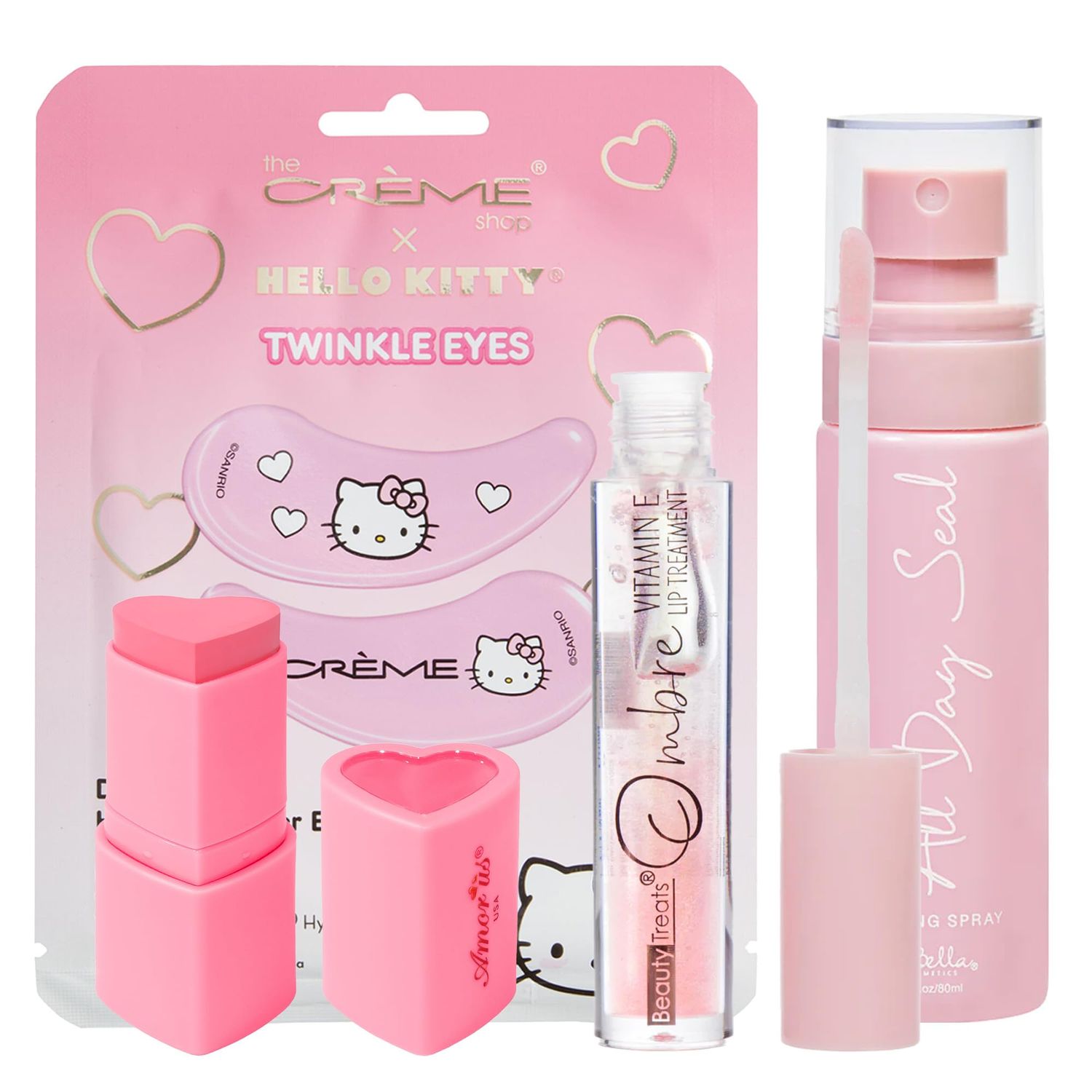 Glam Lux Beauty Bundle Mystery Makeup Sets The Creme Shop X Hello Kitty Twinkle Eyes Patches, Amorus Matte Sweet Blush Stick, All Day Setting Spray &amp; Beauty Treats Ombre Lip Treatment Gifts