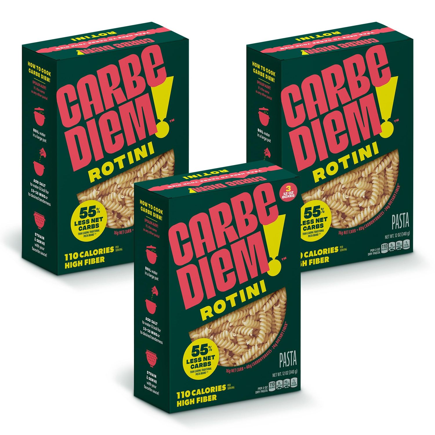 Carbe Diem!, Rotini, Lower Net Carb Pasta with Traditional Flavor &amp; Texture, 55% Fewer Net Carbs &amp; Only 110 Calories Per Serving, Pack of 3