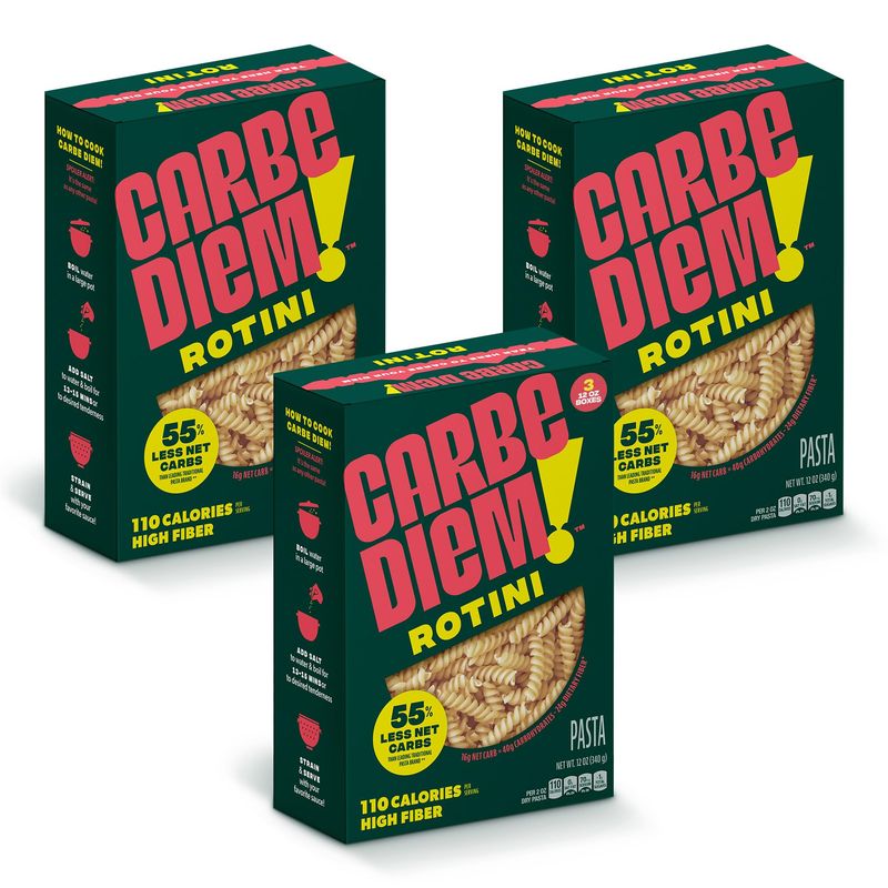 Carbe Diem!, Rotini, Lower Net Carb Pasta with Traditional Flavor &amp; Texture, 55% Fewer Net Carbs &amp; Only 110 Calories Per Serving, Pack of 3