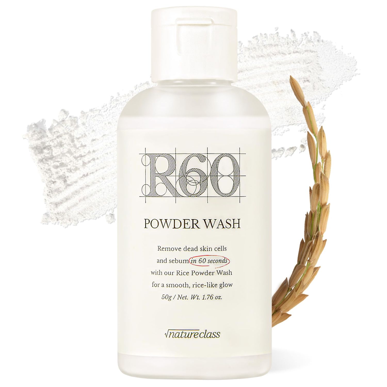 NATURECLASS R60 Rice Enzyme Powder Face Wash Cleanser - Exfoliating, Deep Cleansing, Removes Pore Impurities for Soft Radiant Skin, Korean Skincare1.76oz
