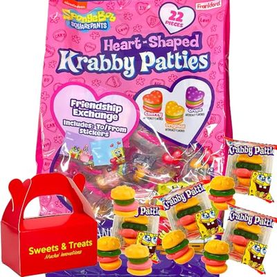 Krabby Patty Gummy Candy Sponge Bob Individually Wrapped Heart Shaped Pattie - Plus Sticker &amp; Muchai Box Gift Basket Stuffer Classroom Friendship Exchange