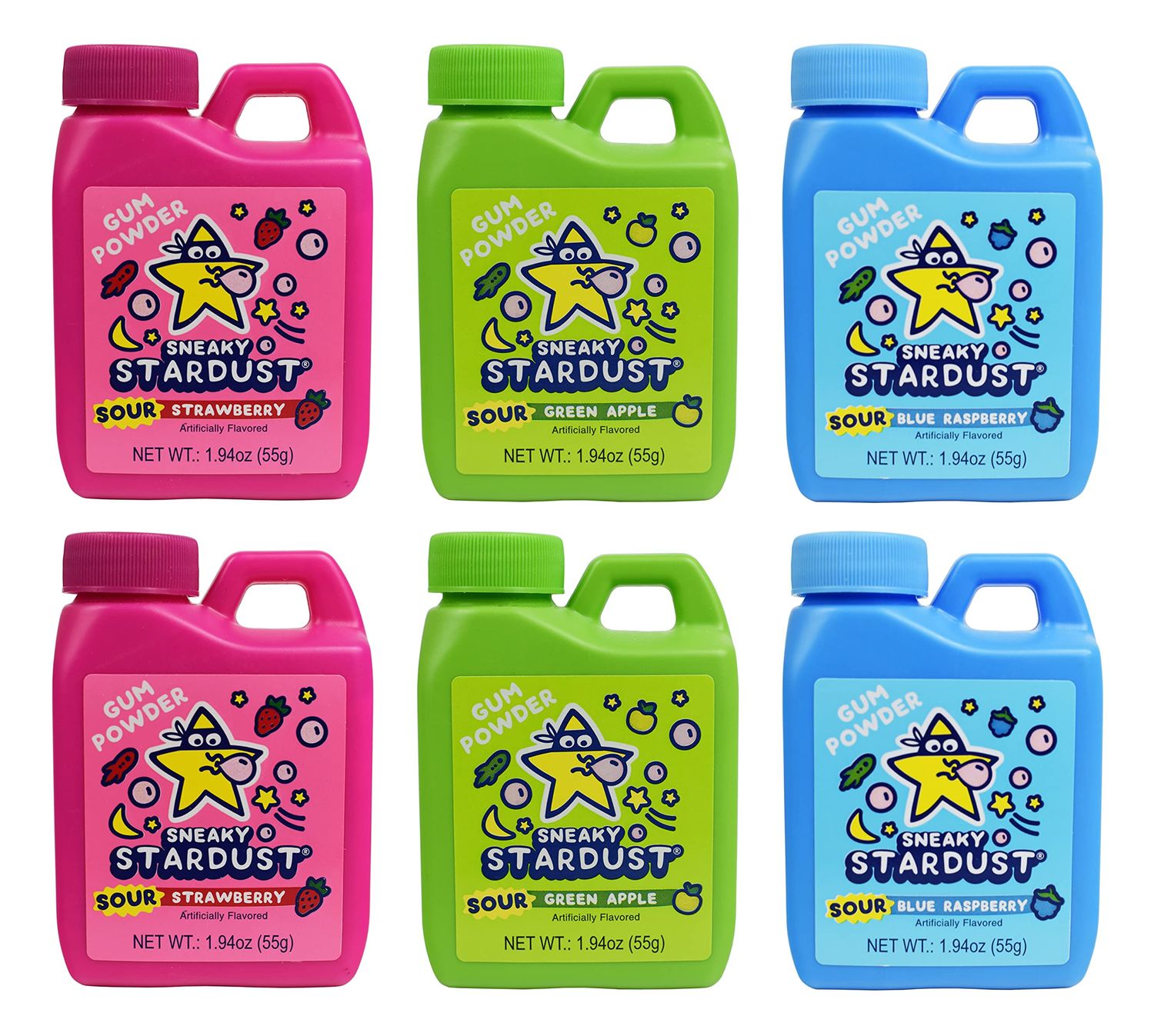 kidsmania Set of 6 Assorted Sneaky Stardust Magical Morphing Gum Jugs-Transforms From Powder to Gum in Your Mouth-2.5inch L x 1inch W x 3.5inch H-1.94 oz.