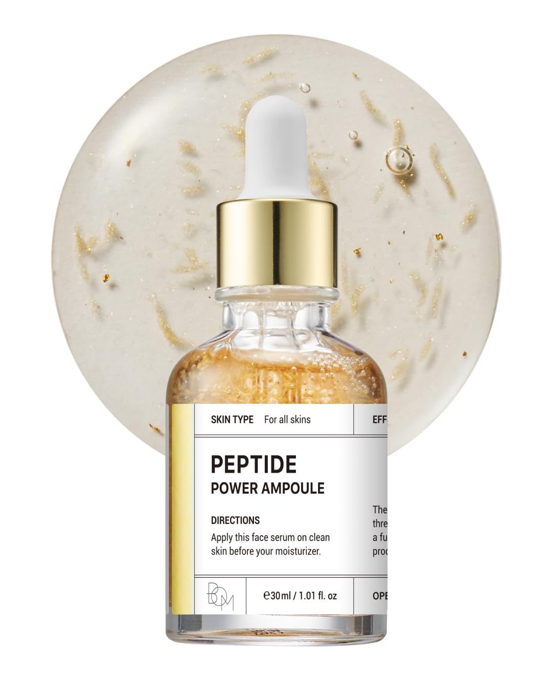 BOM COSMETICS Peptide Power Ampoule 1.01 Fl Oz, Penta-Peptide with 24k Gold Thread and 99% Pure Gold for Skin Collagen Boost, Firming Serum to Improve Elasticity and Radiance, Korean Skin Care