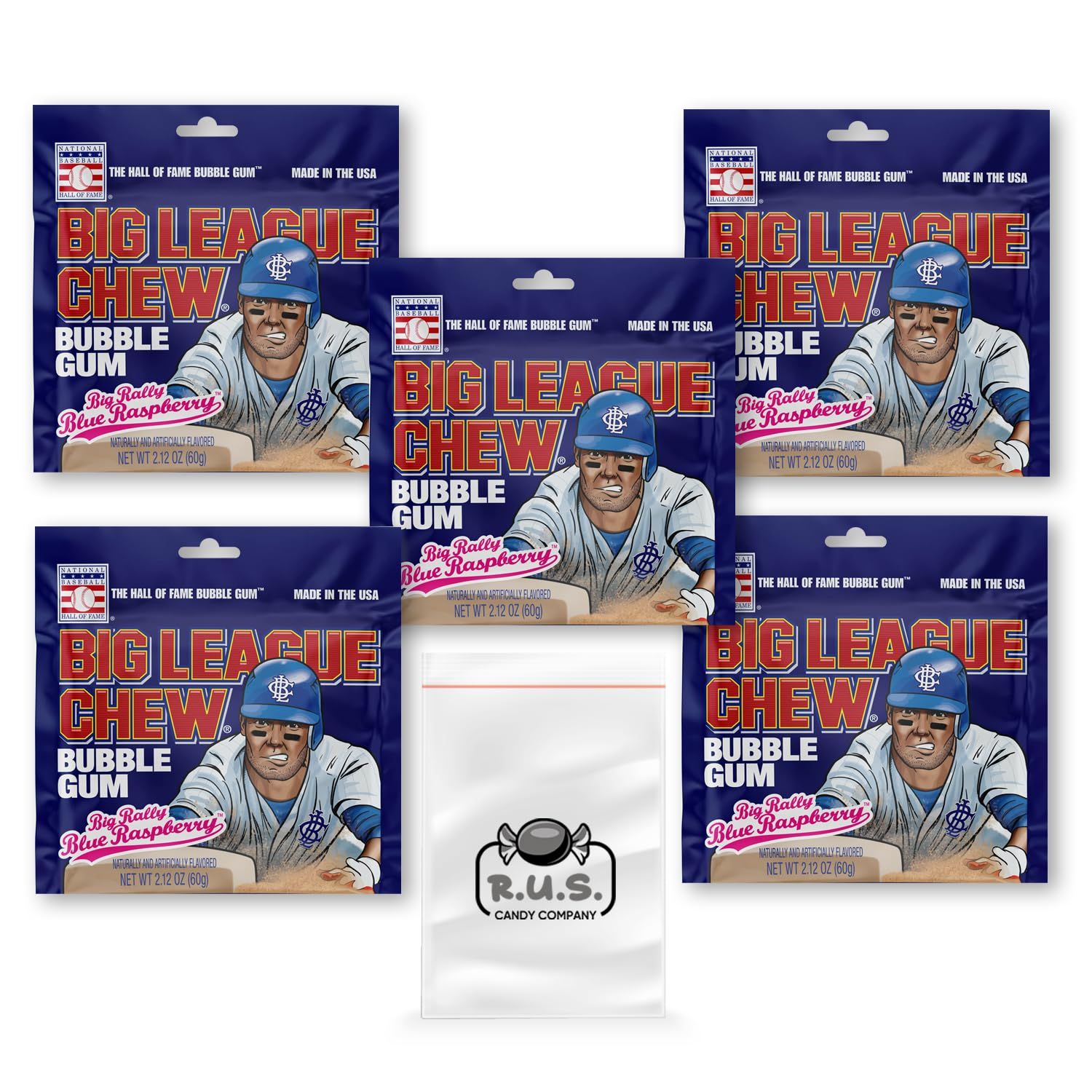 Big League Chew Bubble Gum Big Rally Blue Raspberry Flavored Shredded Bubble Gum- 5 Pack- 2.12oz each plus RUS Candy Company Pocket travel bag (Big Rally Blue Raspberry)