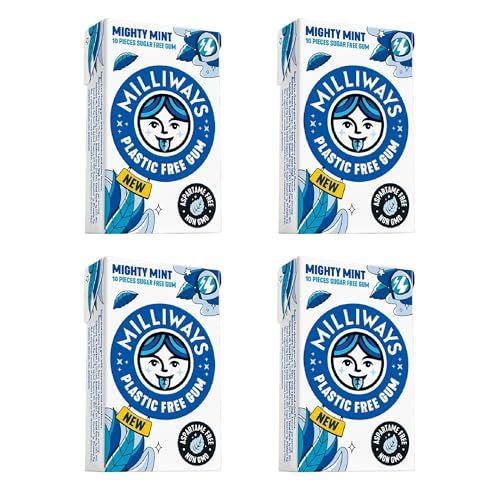 Milliways Mighty Mint Super Natural Gum - Plastic-Free Chewing Gum Xylitol, Aspartame-Free, Sugar-Free, Plant-Based 4 Packs of 10 Pieces (40 Pieces Total)