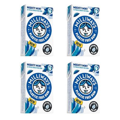 Milliways Mighty Mint Super Natural Gum - Plastic-Free Chewing Gum Xylitol, Aspartame-Free, Sugar-Free, Plant-Based 4 Packs of 10 Pieces (40 Pieces Total)
