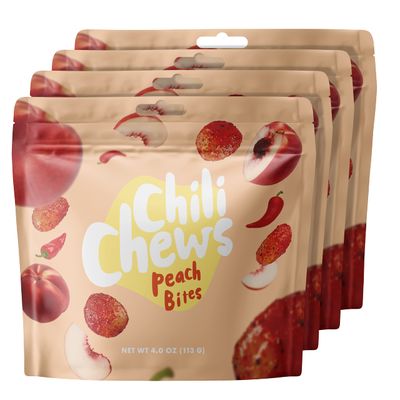 Chili Chews Great Tasting Sweet Then Sour &amp; Spicy Candy Bites, Snacks For All Ages, The Perfect Combo Of Sweet &amp; Spicy, Mouth Watering Gummy Candy (Peach Bites, 4 Pack)