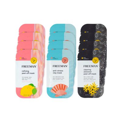 Freeman Facial Mask Variety 12 Count Bundle, Peel-Off &amp; Clay Face Masks, Pore Clearing, Toning, Evening, &amp; Calming Skincare, For All Skin Types, Travel Size Masks, 0.5 fl. oz./15 ml Sachets